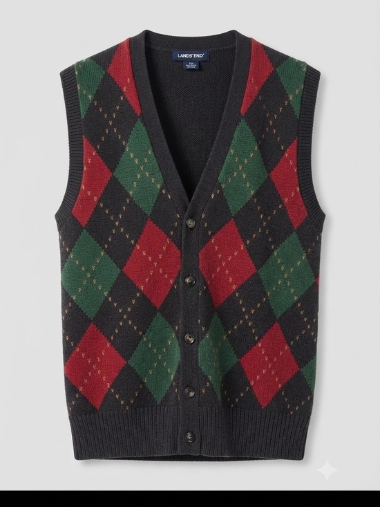Lands' End Jackets & Blazers - Vintage Lands End Argyle Sweater Vest Button Front Knit Black Red Green Large